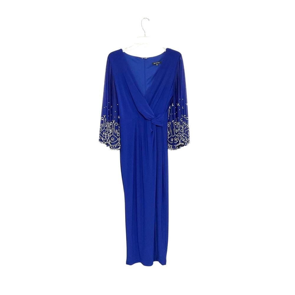 Marina crossover V-neck Midi Dress Flared Beaded Scalloped Sleeves Size 6 Small - Picture 4 of 9